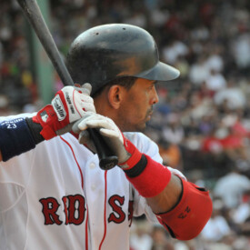 Red Sox player up at bat, awaiting pitch