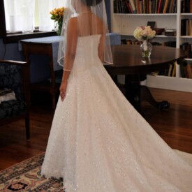 Bridal image taken from behind bride, with long wedding train, in church library
